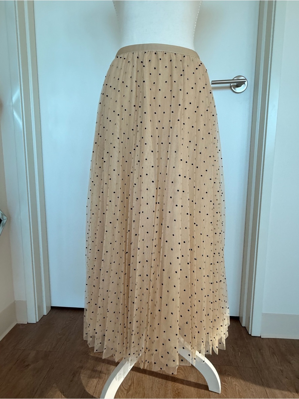 Pleated Polka Dot Midi Skirt in Beige